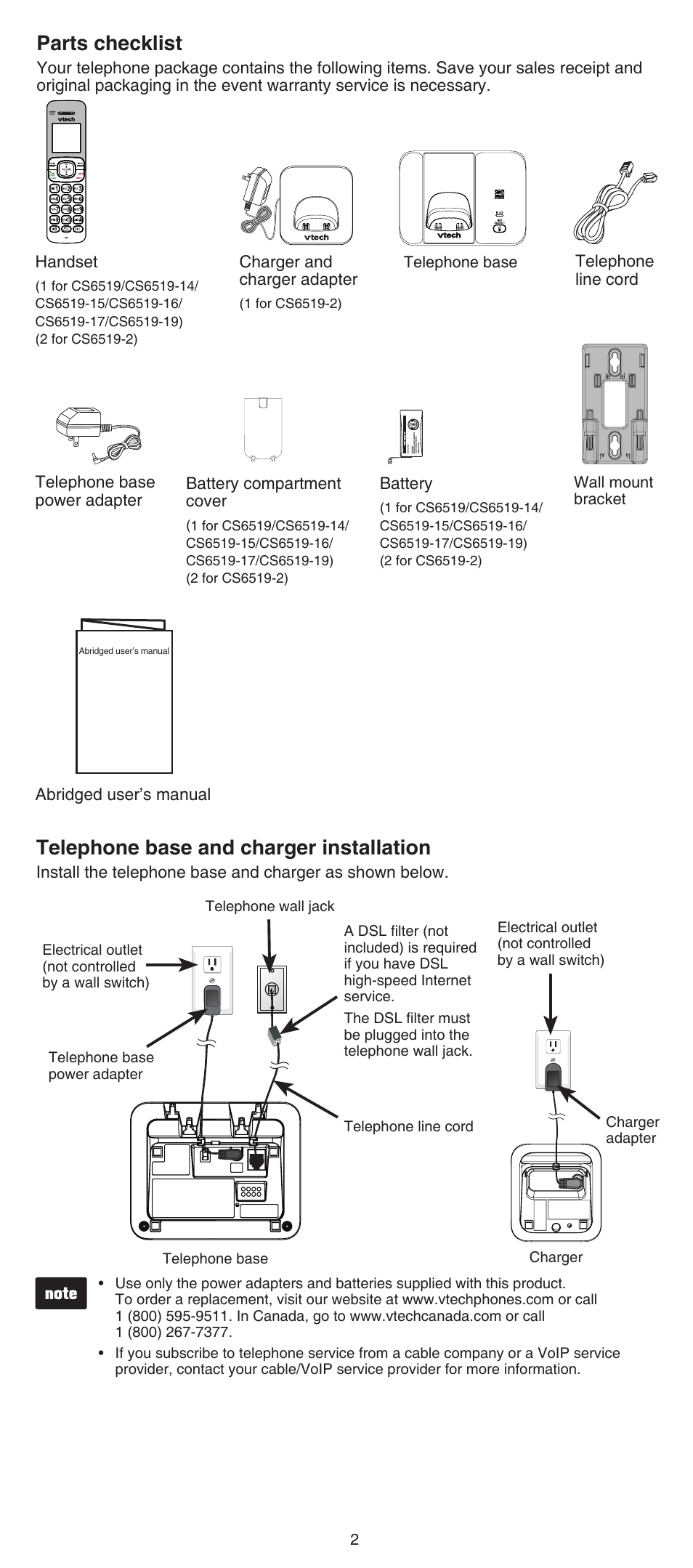 Parts checklist, Telephone base and charger installation | VTech CS6519-2 Abridged manual User Manual | Page 2 / 14
