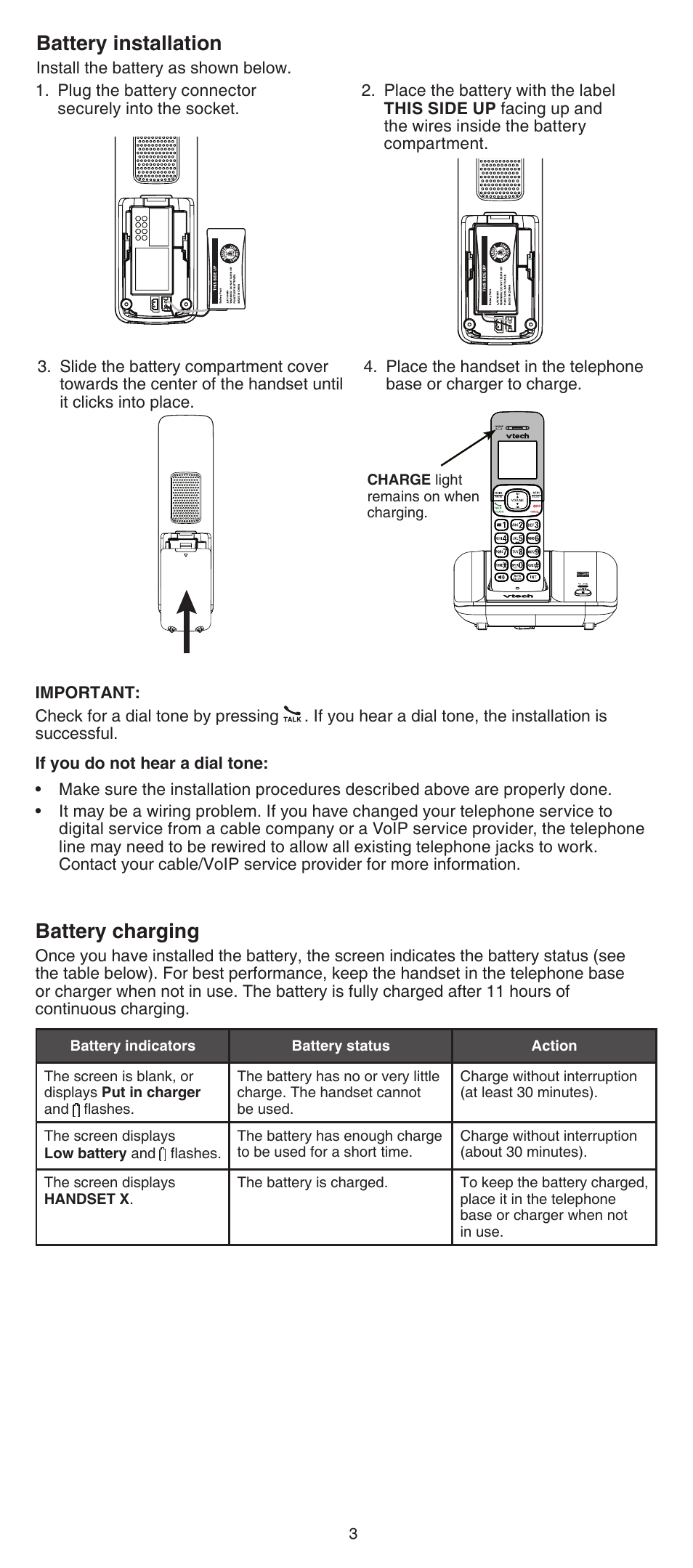 Battery charging, Battery installation | VTech CS6519-2 Abridged manual User Manual | Page 3 / 14