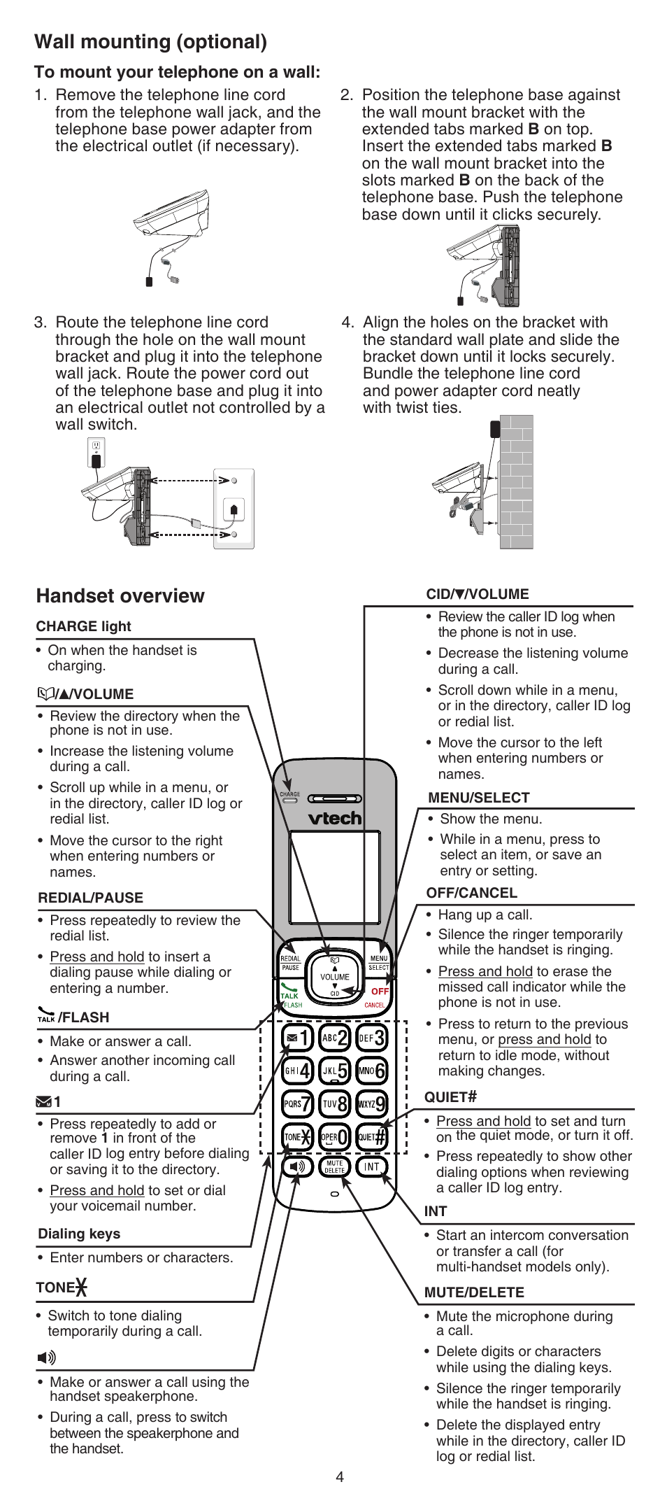 Wall mounting (optional), Handset overview | VTech CS6519-2 Abridged manual User Manual | Page 4 / 14