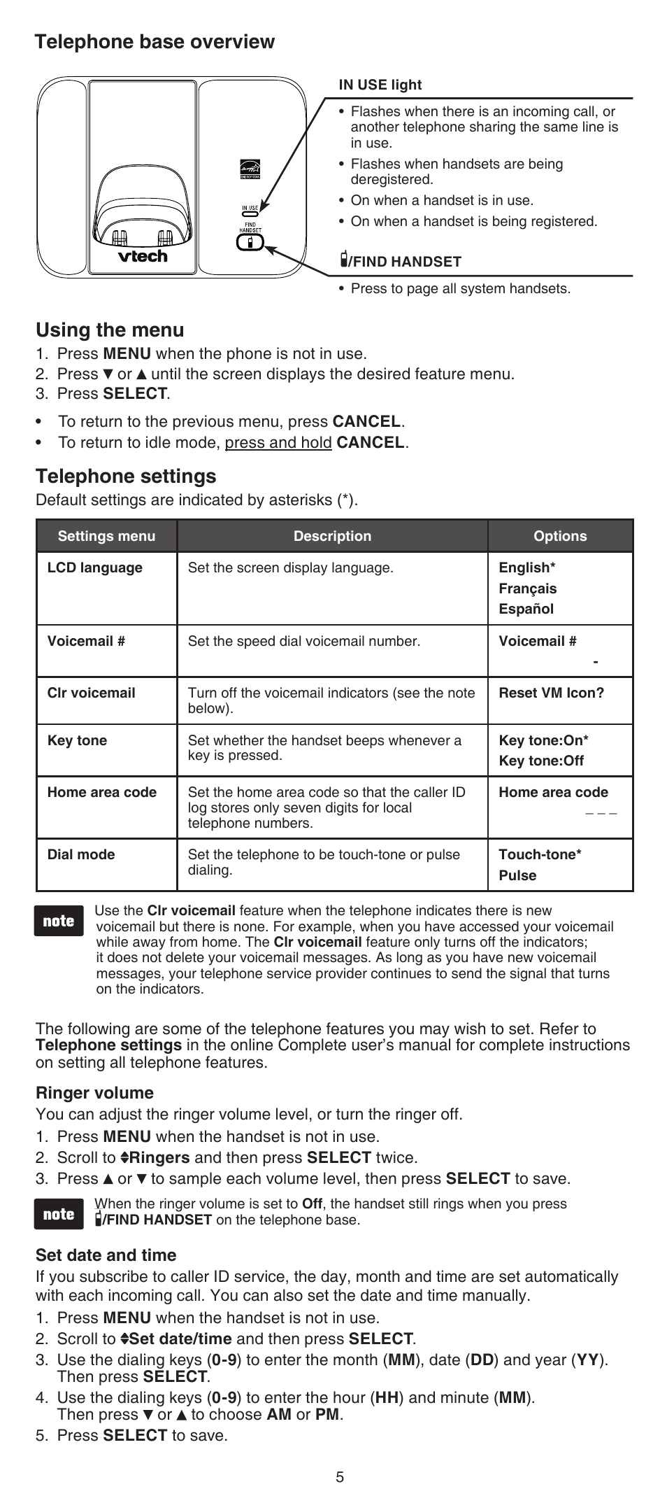 Telephone base overview using the menu, Telephone settings | VTech CS6519-2 Abridged manual User Manual | Page 5 / 14