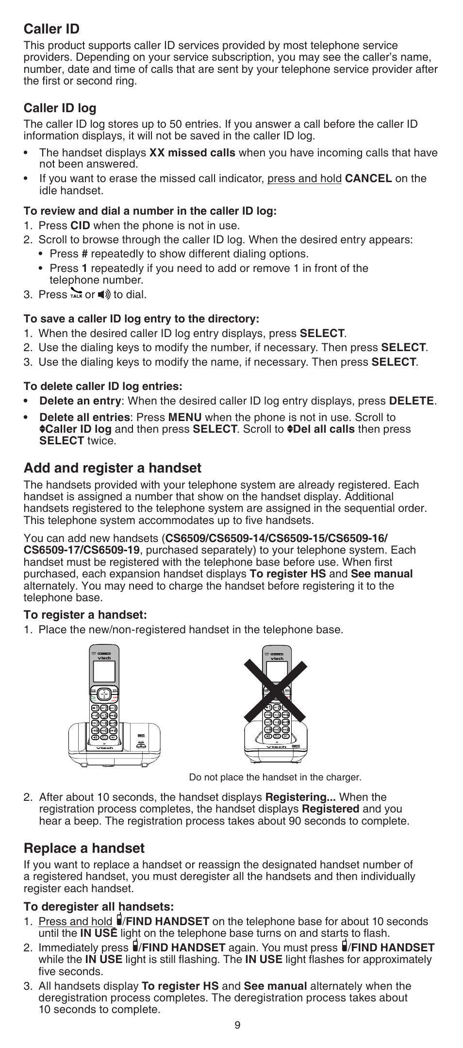 Caller id, Add and register a handset, Replace a handset | VTech CS6519-2 Abridged manual User Manual | Page 9 / 14