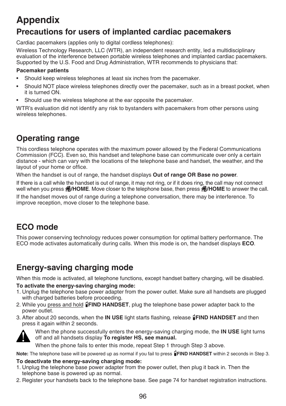 Operating range, Eco mode, Energy-saving charging mode | Precautions for users of implanted, Cardiac pacemakers, Appendix | VTech DS6672-4 Manual User Manual | Page 100 / 110