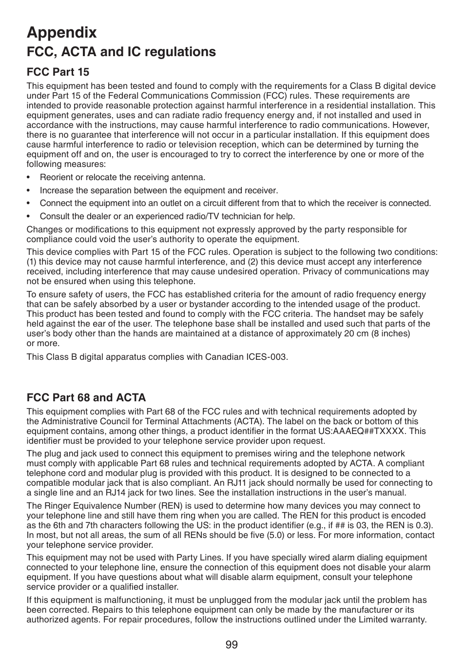 Fcc, acta and ic regulations, Fcc part 15, Fcc part 68 and acta | Appendix | VTech DS6672-4 Manual User Manual | Page 103 / 110