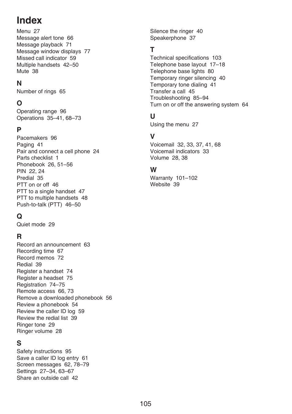 Index | VTech DS6672-4 Manual User Manual | Page 109 / 110