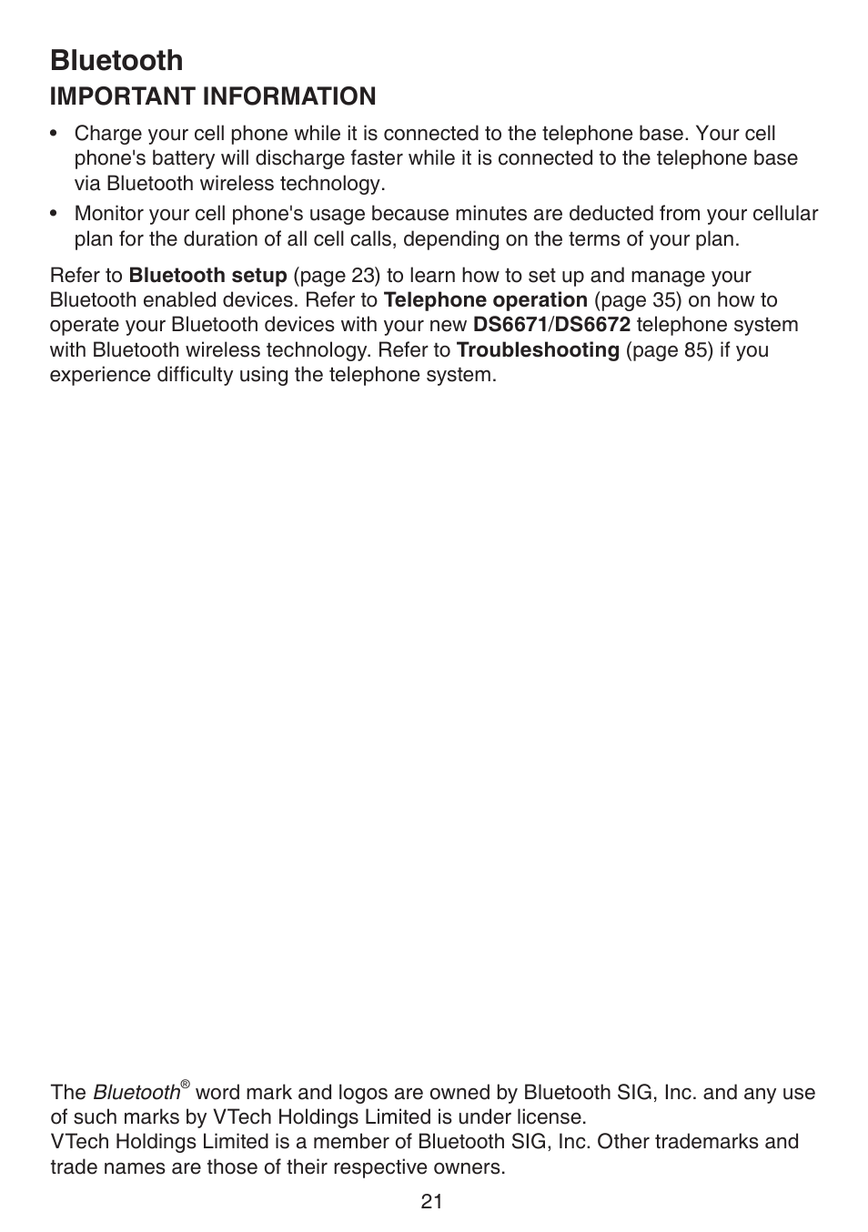 Bluetooth, Important information | VTech DS6672-4 Manual User Manual | Page 25 / 110