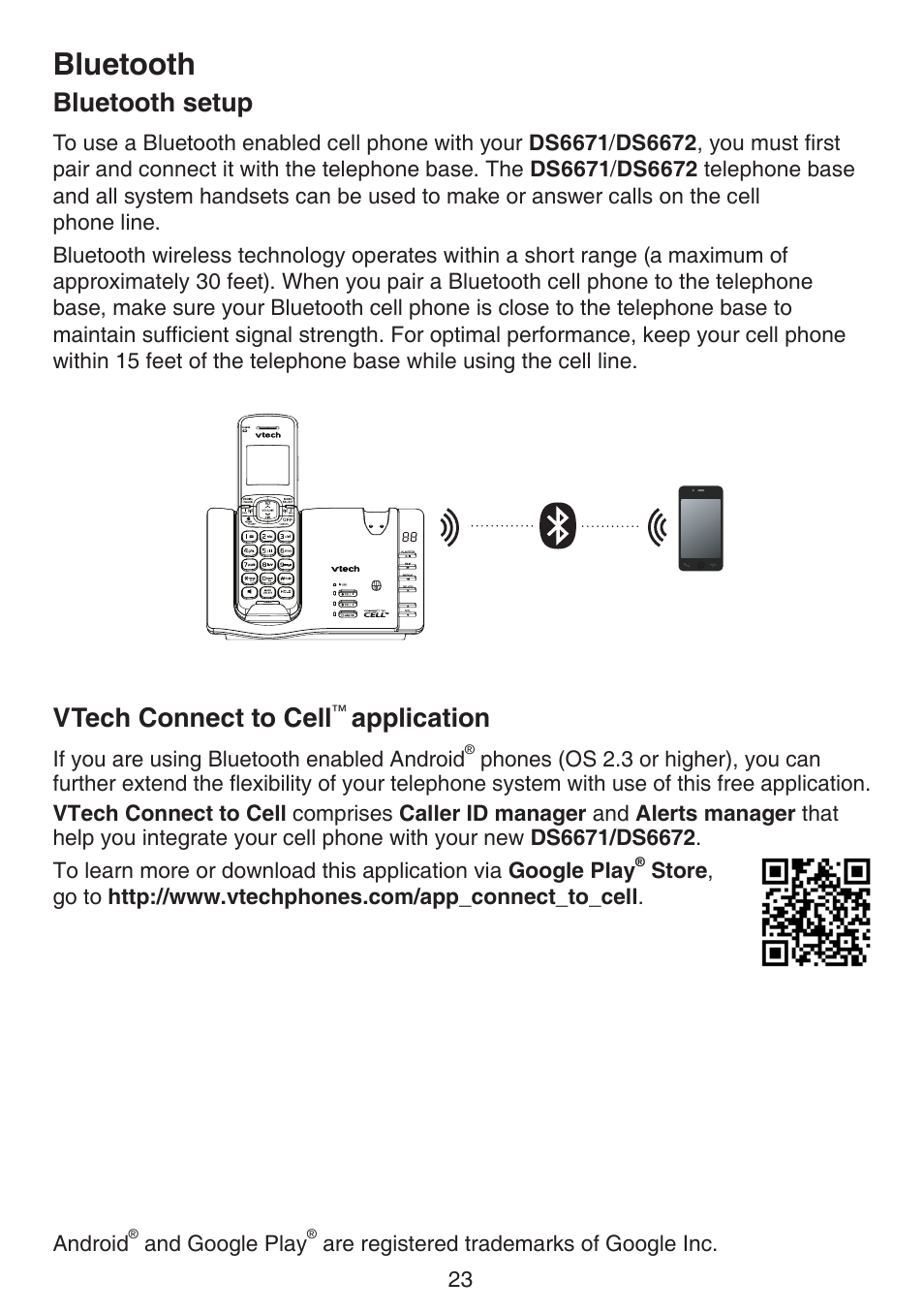 Bluetooth setup, Vtech connect to cell™ application, Bluetooth setup vtech connect to cell | Application, Bluetooth, Vtech connect to cell | VTech DS6672-4 Manual User Manual | Page 27 / 110