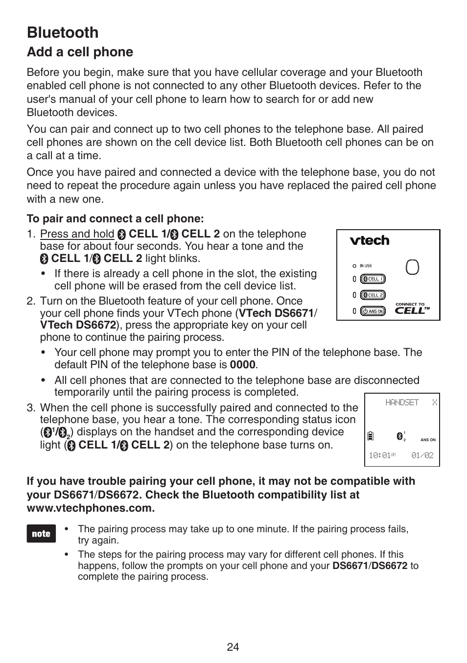 Add a cell phone, Bluetooth | VTech DS6672-4 Manual User Manual | Page 28 / 110