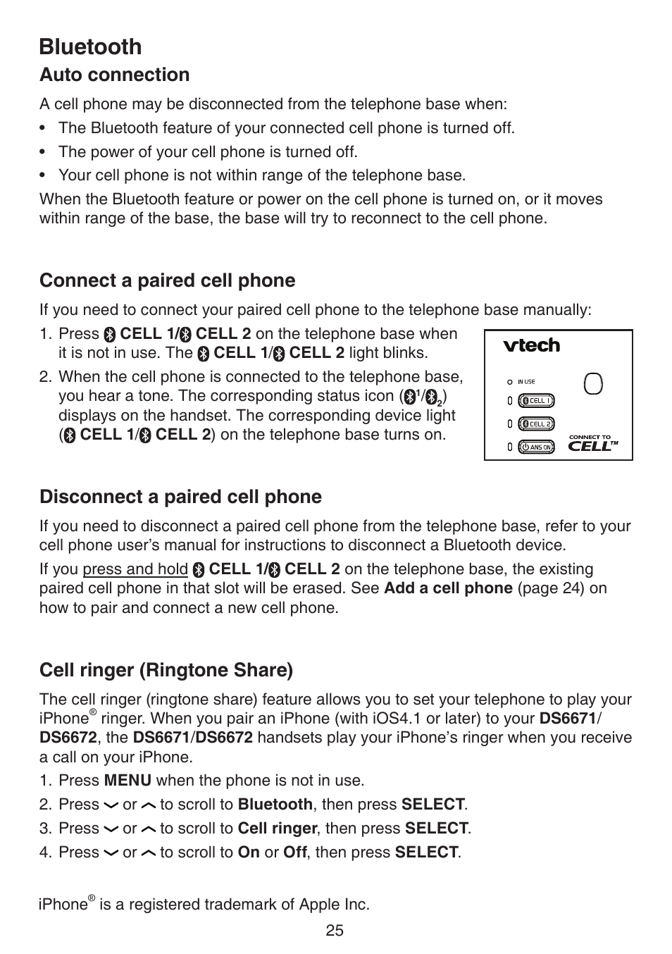 Auto connection, Connect a paired cell phone, Disconnect a paired cell phone | Cell ringer (ringtone share), Bluetooth | VTech DS6672-4 Manual User Manual | Page 29 / 110