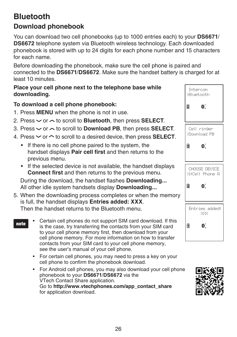 Download phonebook, Bluetooth | VTech DS6672-4 Manual User Manual | Page 30 / 110