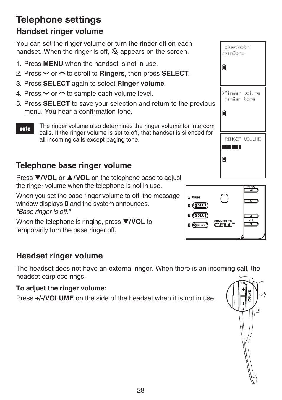 Handset ringer volume, Telephone base ringer volume, Headset ringer volume | Telephone settings | VTech DS6672-4 Manual User Manual | Page 32 / 110