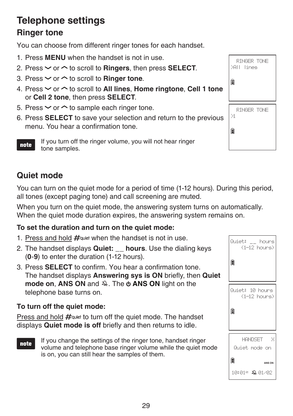 Ringer tone, Quiet mode, Ringer tone quiet mode | Telephone settings | VTech DS6672-4 Manual User Manual | Page 33 / 110