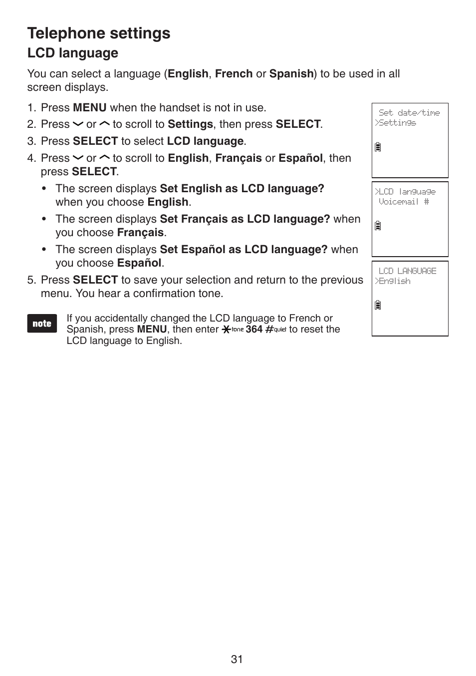 Lcd language, Telephone settings | VTech DS6672-4 Manual User Manual | Page 35 / 110