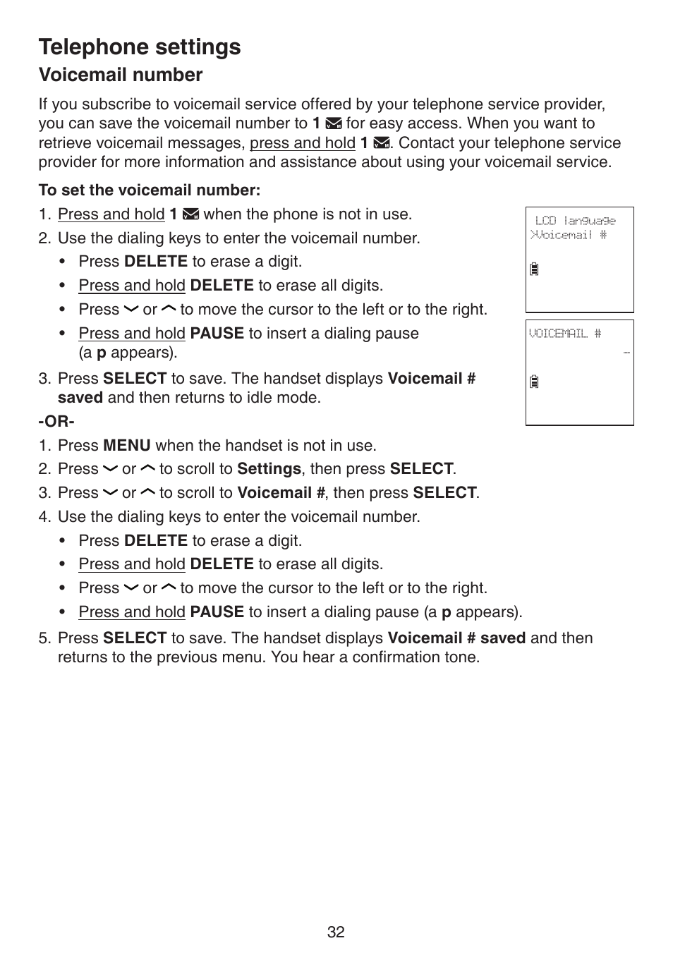 Voicemail number, Telephone settings | VTech DS6672-4 Manual User Manual | Page 36 / 110