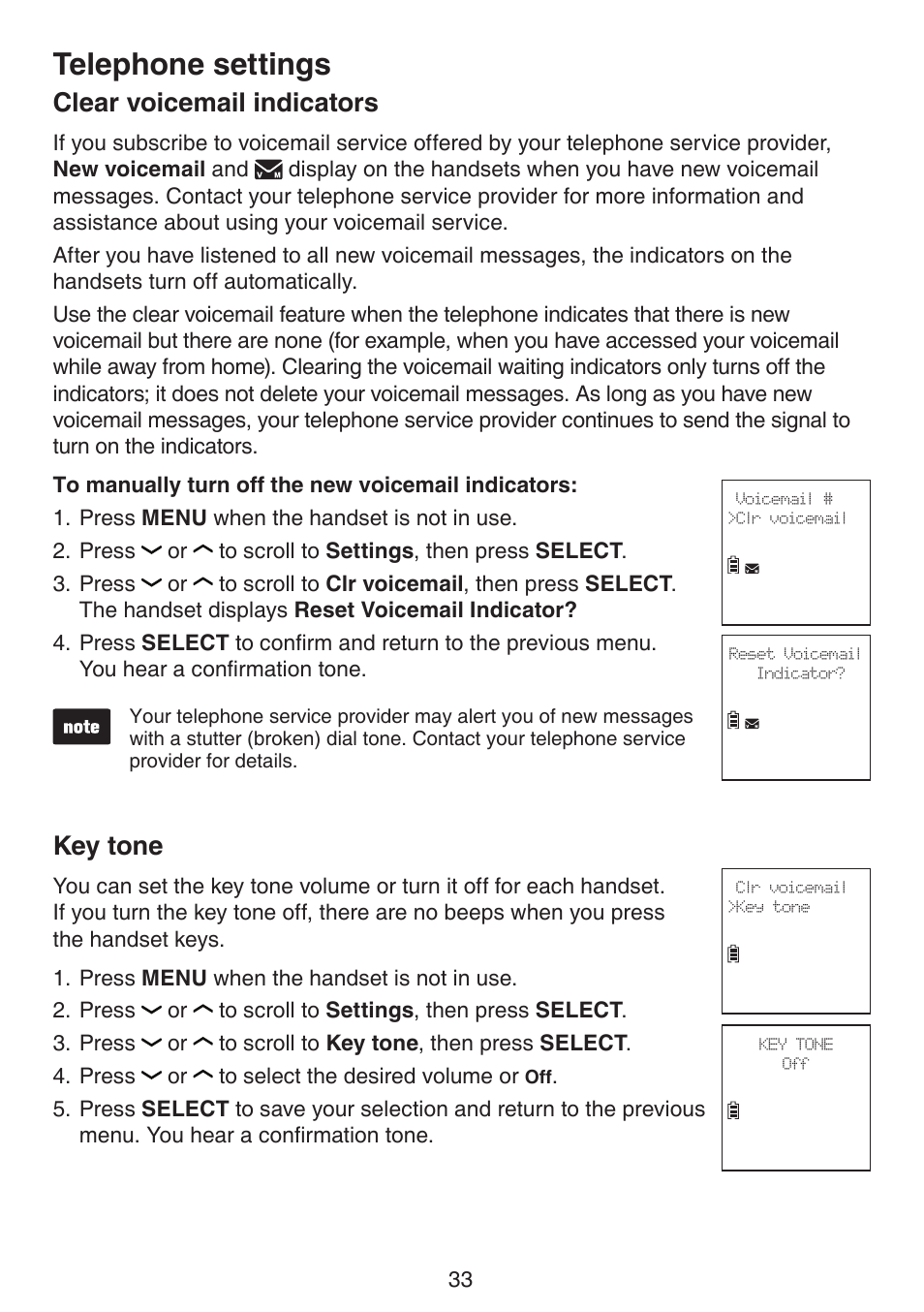 Clear voicemail indicators, Key tone, Clear voicemail indicators key tone | Telephone settings | VTech DS6672-4 Manual User Manual | Page 37 / 110