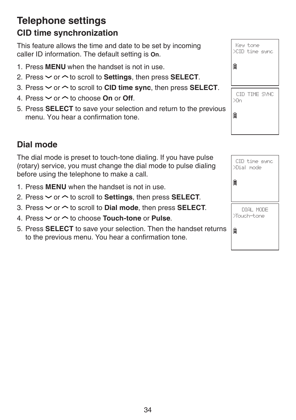 Cid time synchronization, Dial mode, Cid time synchronization dial mode | Telephone settings | VTech DS6672-4 Manual User Manual | Page 38 / 110