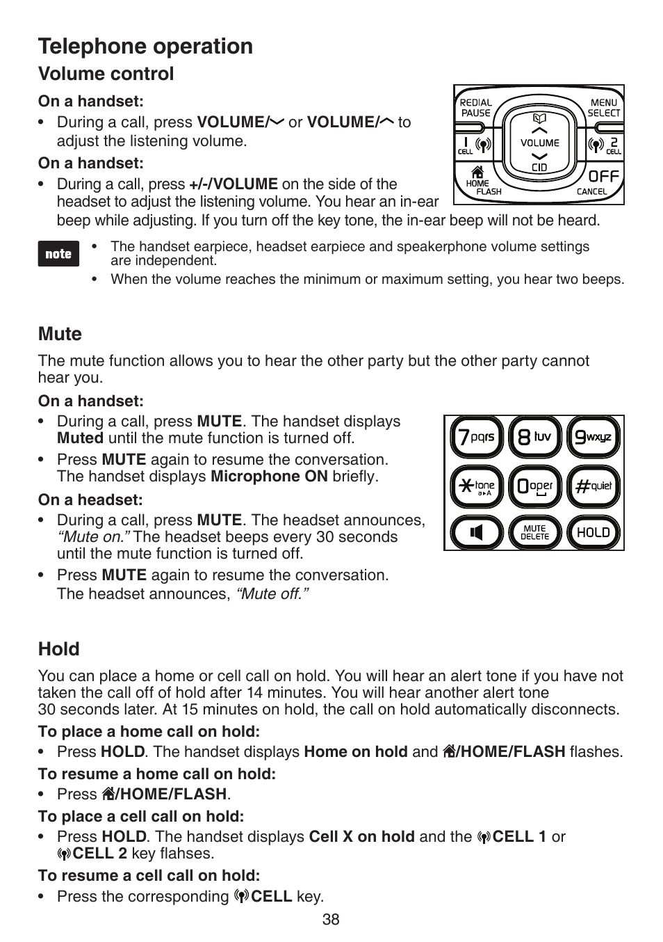 Volume control, Mute, Hold | Volume control mute hold, Telephone operation | VTech DS6672-4 Manual User Manual | Page 42 / 110