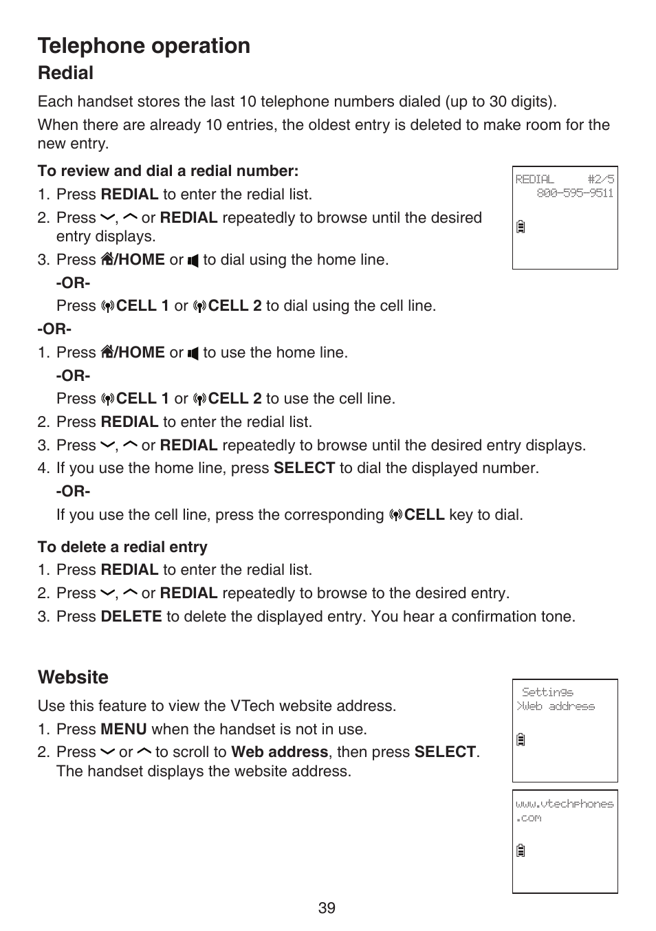 Redial, Website, Redial website | Telephone operation | VTech DS6672-4 Manual User Manual | Page 43 / 110