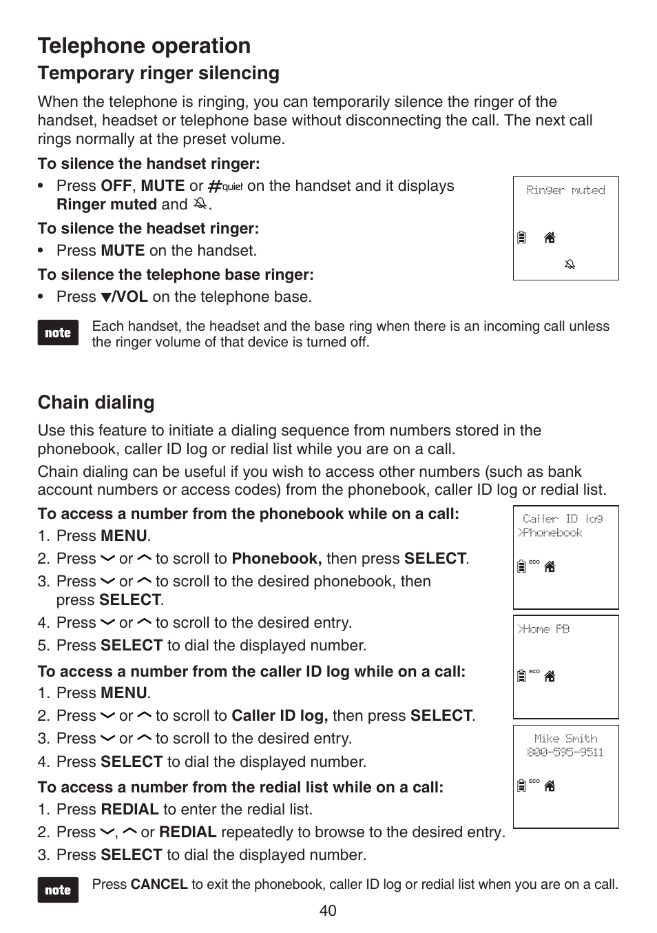 Temporary ringer silencing, Chain dialing, Temporary ringer silencing chain dialing | Telephone operation | VTech DS6672-4 Manual User Manual | Page 44 / 110