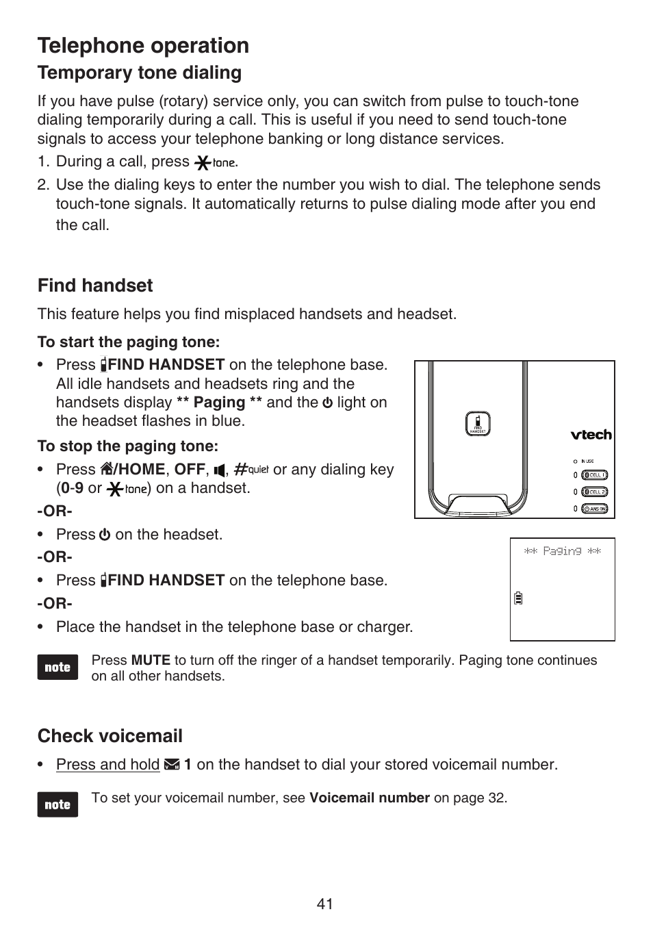 Temporary tone dialing, Find handset, Check voicemail | Telephone operation | VTech DS6672-4 Manual User Manual | Page 45 / 110