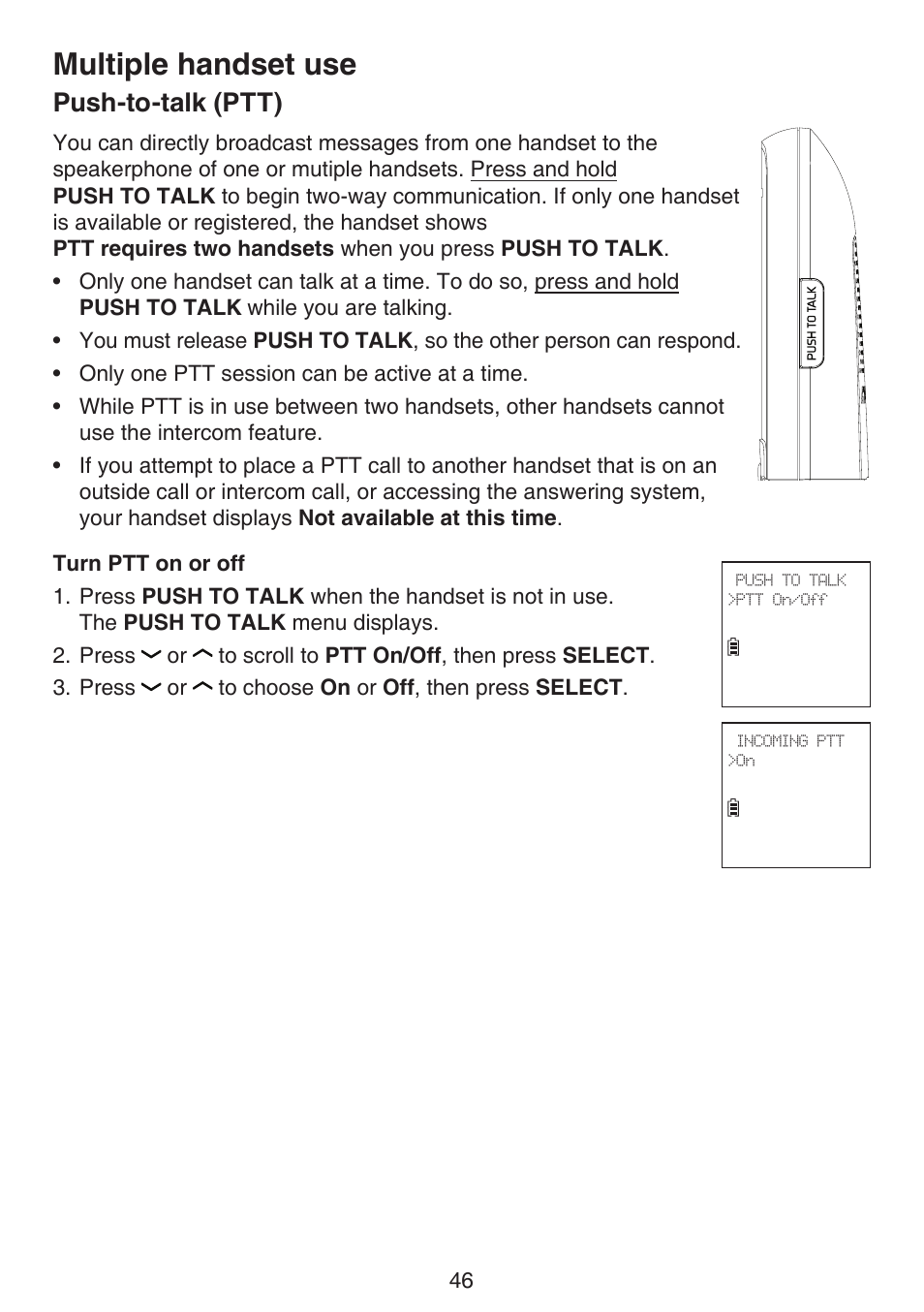 Push-to-talk (ptt), Multiple handset use | VTech DS6672-4 Manual User Manual | Page 50 / 110