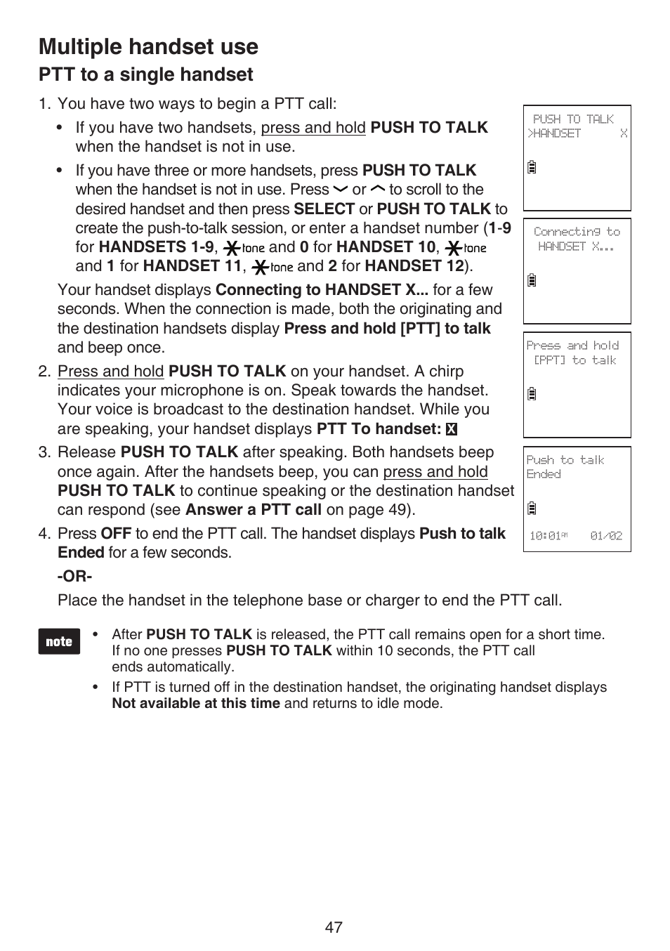 Ptt to a single handset, Multiple handset use | VTech DS6672-4 Manual User Manual | Page 51 / 110