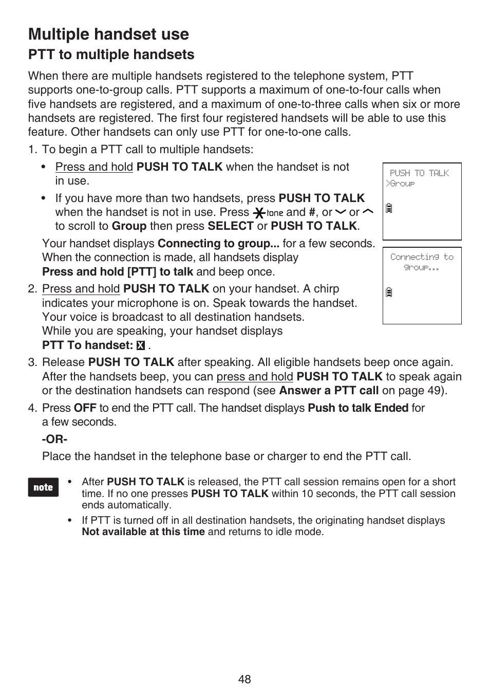 Ptt to multiple handsets, Multiple handset use | VTech DS6672-4 Manual User Manual | Page 52 / 110