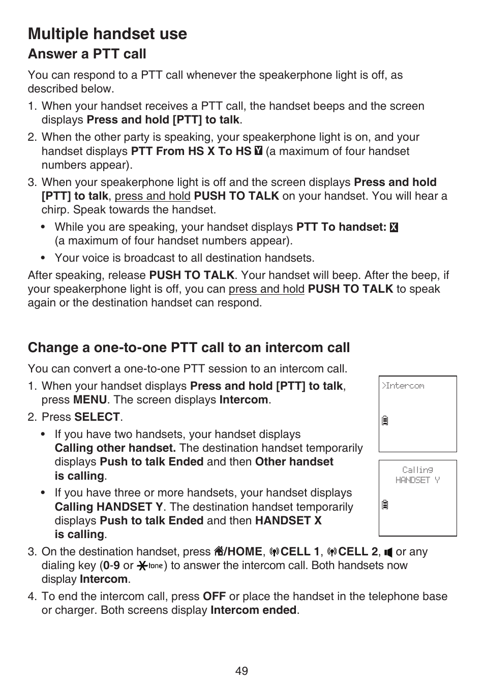 Answer a ptt call, Change a one-to-one ptt call to an intercom call, Intercom call | Multiple handset use | VTech DS6672-4 Manual User Manual | Page 53 / 110