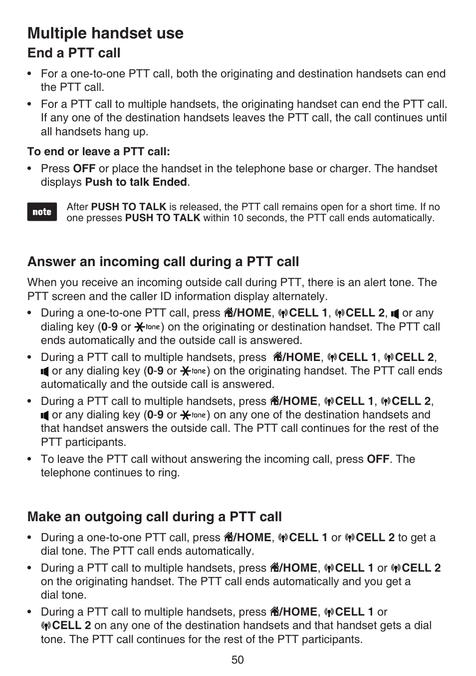 End a ptt call, Answer an incoming call during a ptt call, Make an outgoing call during a ptt call | Answer an incoming call during a, Ptt call, Make an outgoing call during a, Multiple handset use | VTech DS6672-4 Manual User Manual | Page 54 / 110