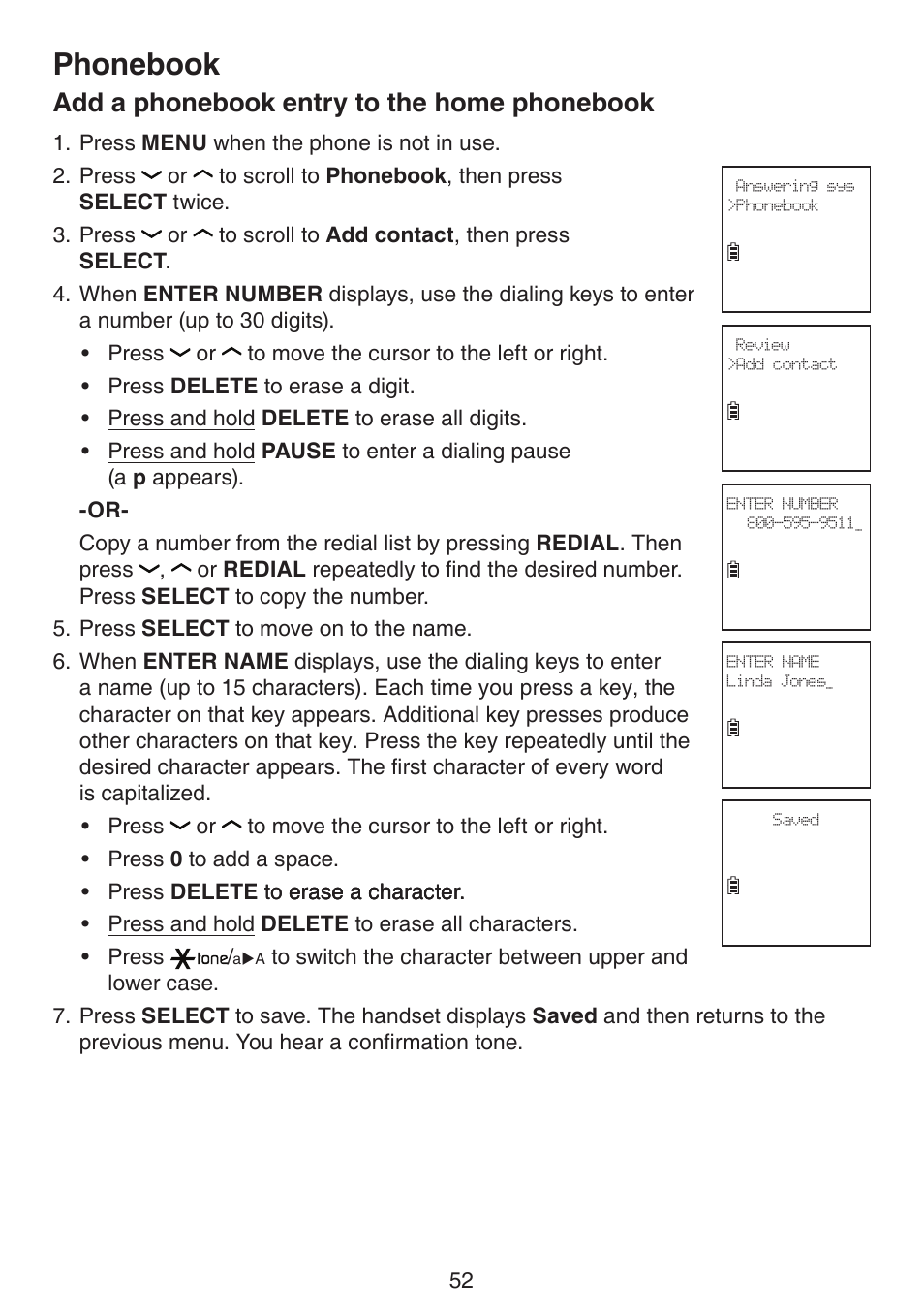 Add a phonebook entry to the home phonebook, Add a phonebook entry to the, Home phonebook | Phonebook | VTech DS6672-4 Manual User Manual | Page 56 / 110