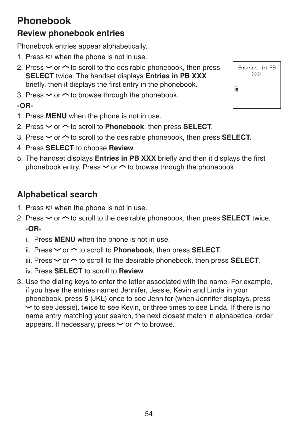 Review phonebook entries, Alphabetical search, Review phonebook entries alphabetical search | Phonebook | VTech DS6672-4 Manual User Manual | Page 58 / 110