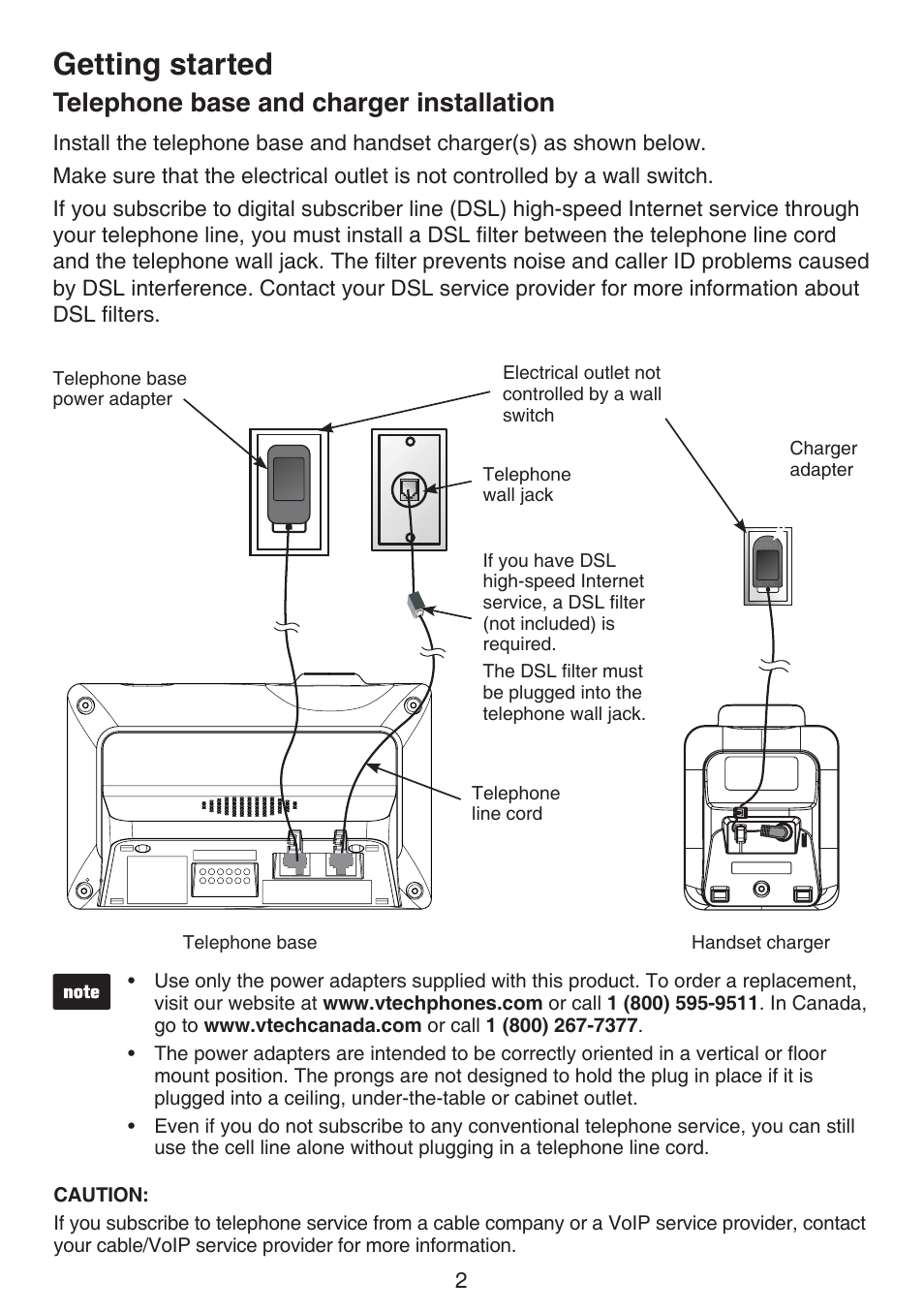 Telephone installation, Telephone base and charger installation, Telephone base and charger | Installation, Getting started | VTech DS6672-4 Manual User Manual | Page 6 / 110