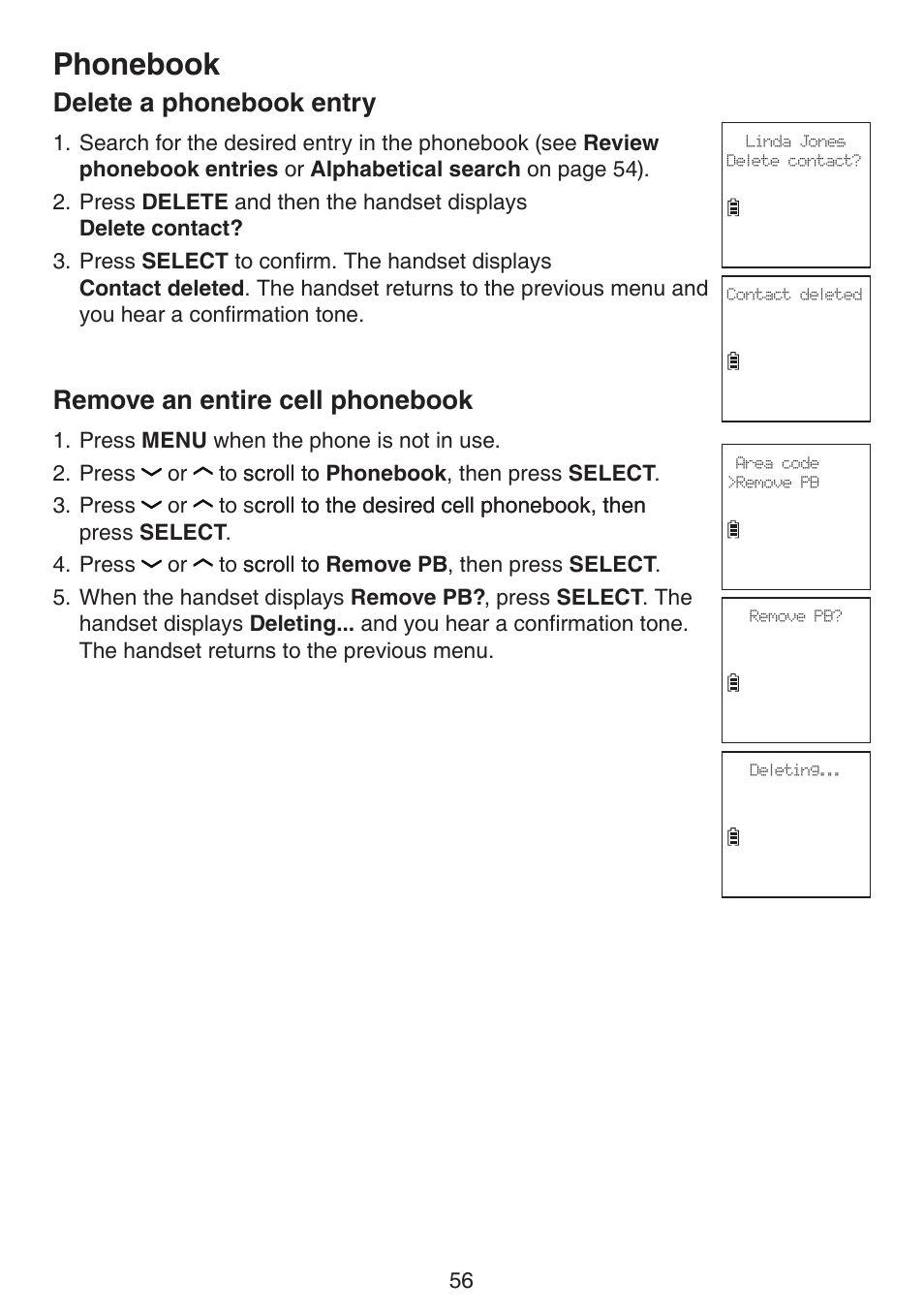 Delete a phonebook entry, Remove an entire cell phonebook, Phonebook | VTech DS6672-4 Manual User Manual | Page 60 / 110