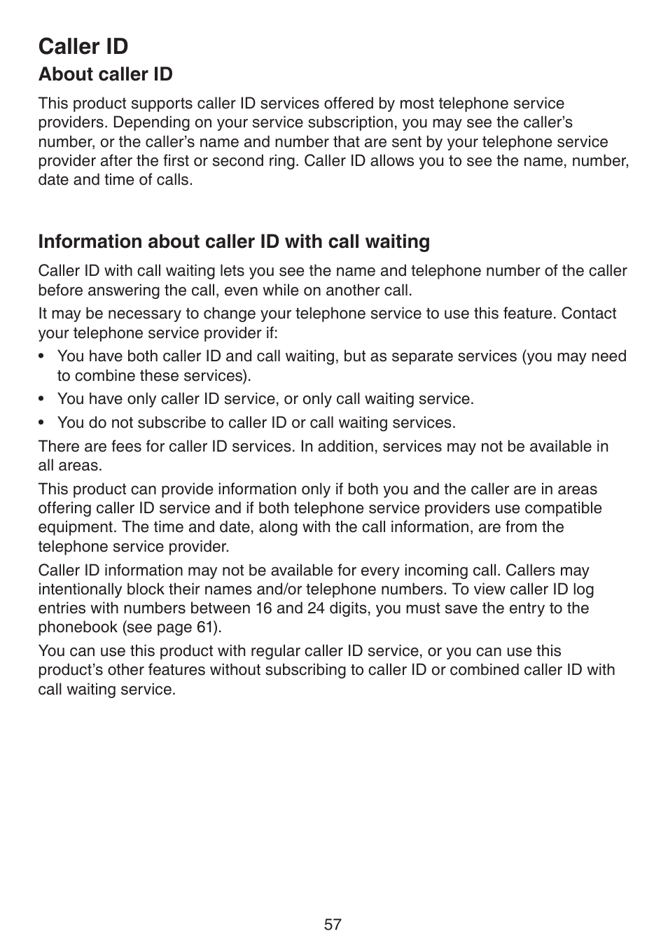 Caller id, About caller id, Information about caller id with call waiting | About caller id information about caller id with, Call waiting | VTech DS6672-4 Manual User Manual | Page 61 / 110