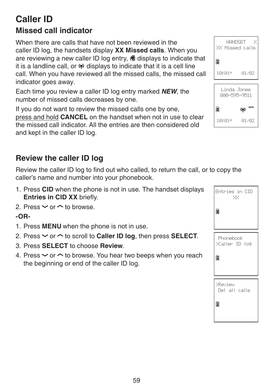 Storing a call history record into directory, Missed call indicator, Review the caller id log | Missed call indicator review the caller id log, Caller id | VTech DS6672-4 Manual User Manual | Page 63 / 110