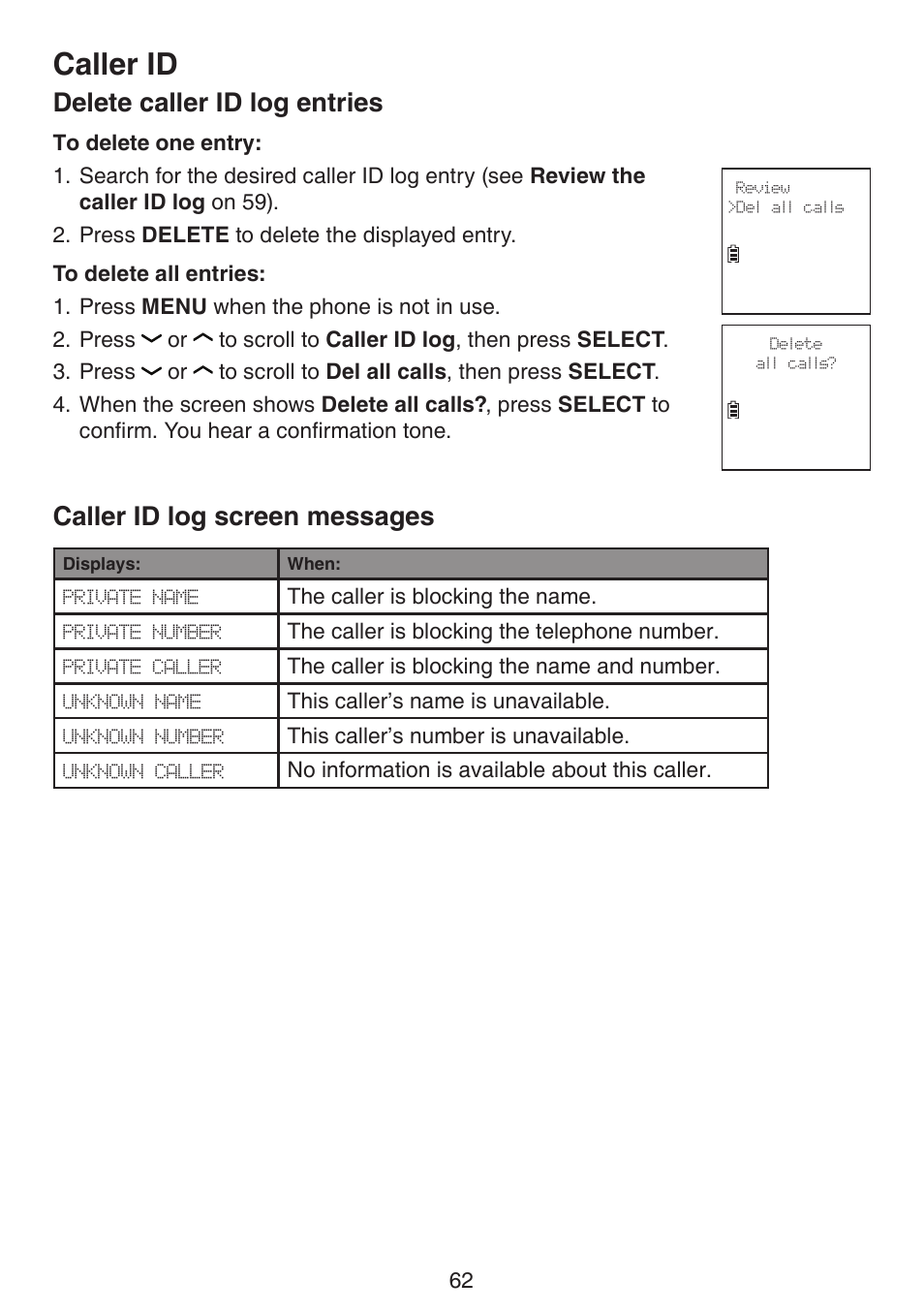 Delete caller id log entries, Caller id log screen messages, Caller id | VTech DS6672-4 Manual User Manual | Page 66 / 110