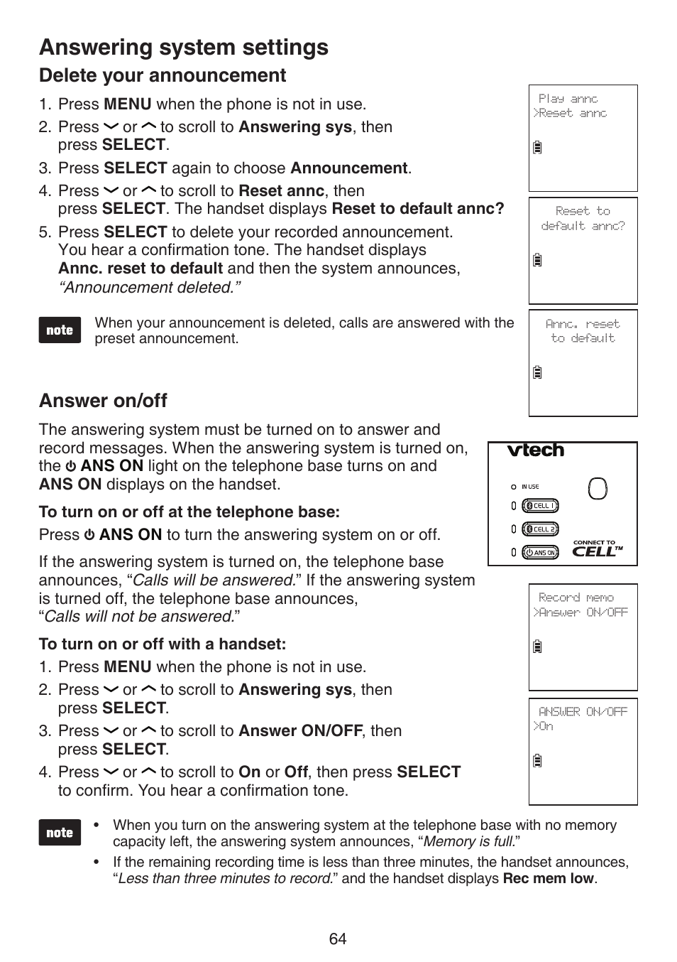 Delete your announcement, Answer on/off, Delete your announcement answer on/off | Answering system settings | VTech DS6672-4 Manual User Manual | Page 68 / 110