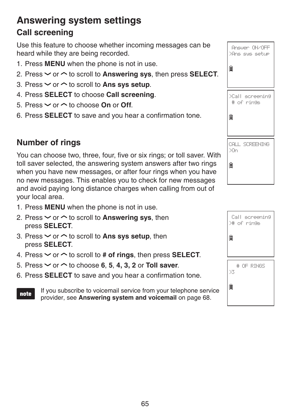 Call screening, Number of rings, Call screening number of rings | Answering system settings | VTech DS6672-4 Manual User Manual | Page 69 / 110