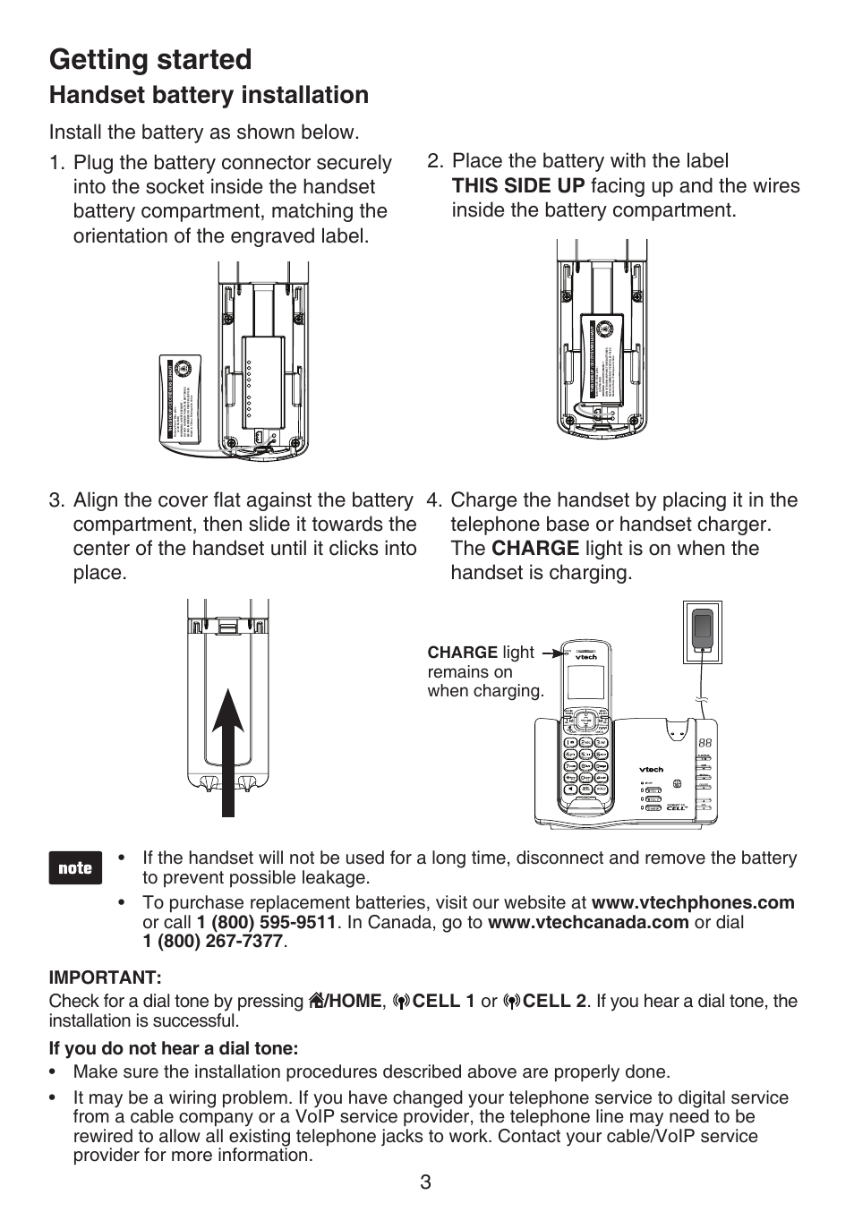 Battery installation, Handset battery installation, Getting started | Light remains on when charging, Charge | VTech DS6672-4 Manual User Manual | Page 7 / 110