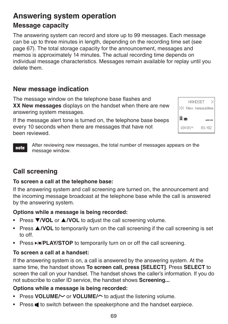 Message capacity, New message indication, Call screening | Answering system operation | VTech DS6672-4 Manual User Manual | Page 73 / 110