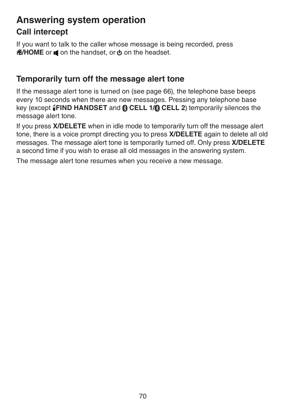 Call intercept, Temporarily turn off the message alert tone, Call intercept temporarily turn off the message | Alert tone, Answering system operation | VTech DS6672-4 Manual User Manual | Page 74 / 110