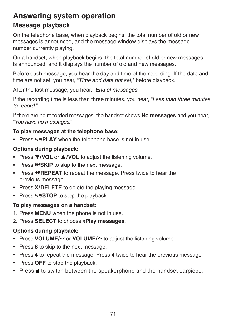 Message playback, Answering system operation | VTech DS6672-4 Manual User Manual | Page 75 / 110