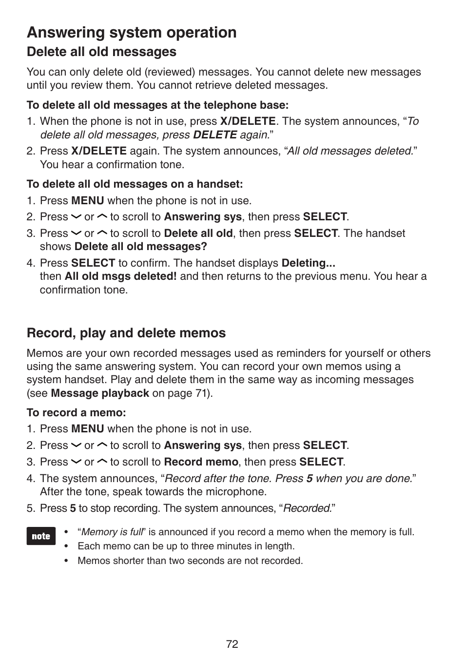 Delete all old messages, Record, play and delete memos, Answering system operation | VTech DS6672-4 Manual User Manual | Page 76 / 110