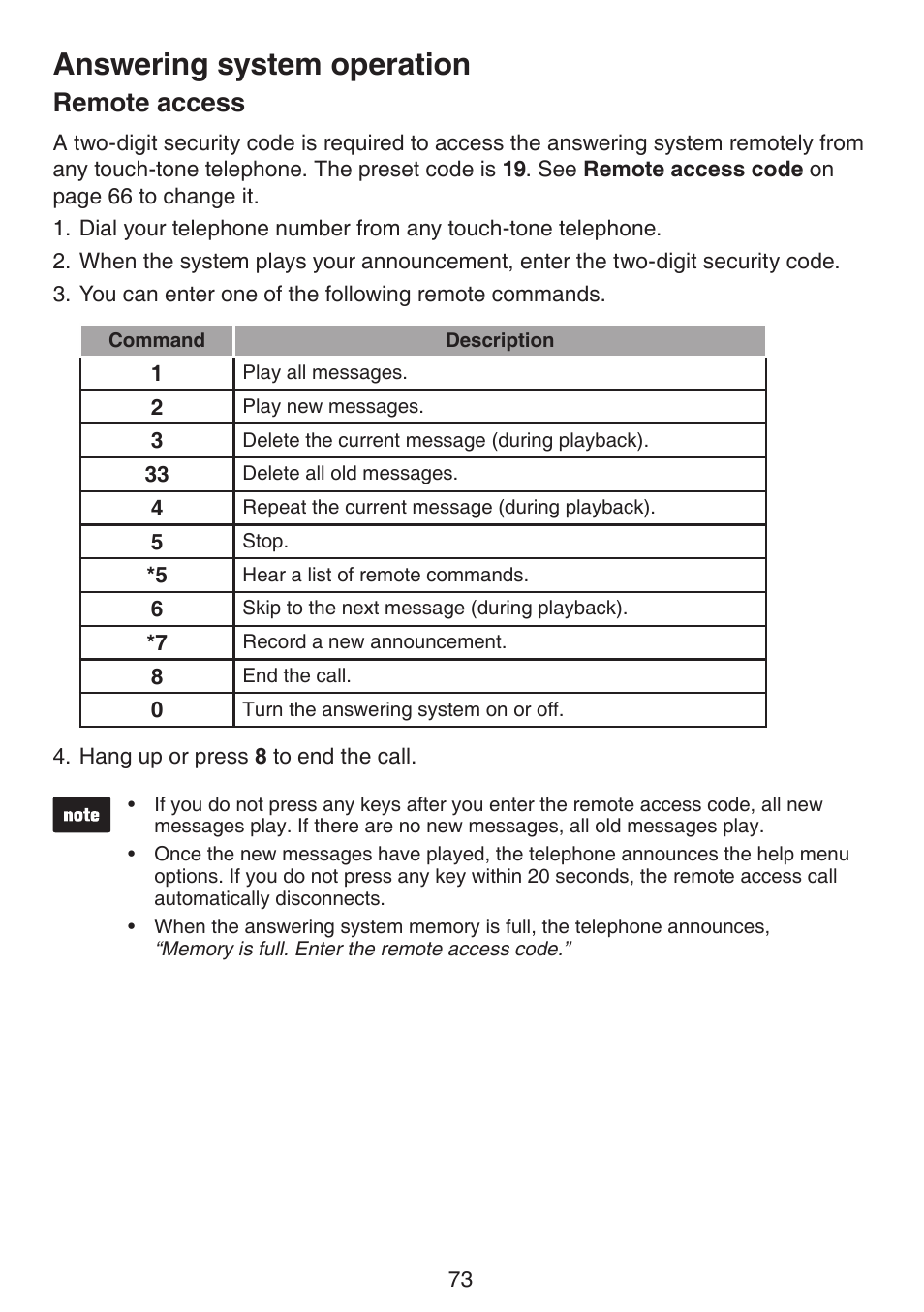 Remote access, Answering system operation | VTech DS6672-4 Manual User Manual | Page 77 / 110