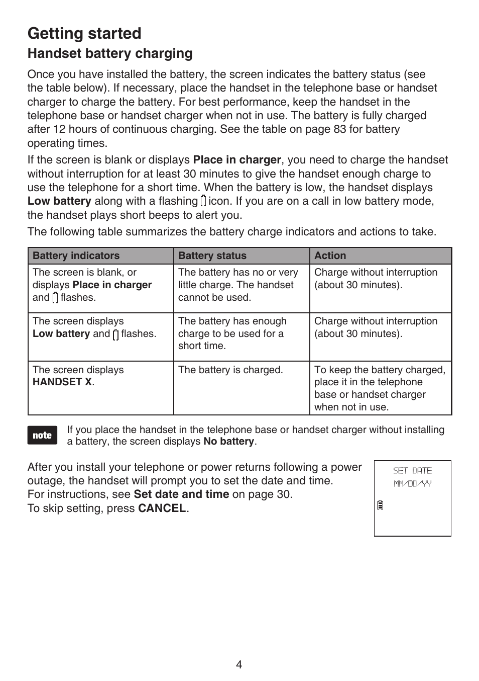 Handset battery charging, Getting started | VTech DS6672-4 Manual User Manual | Page 8 / 110