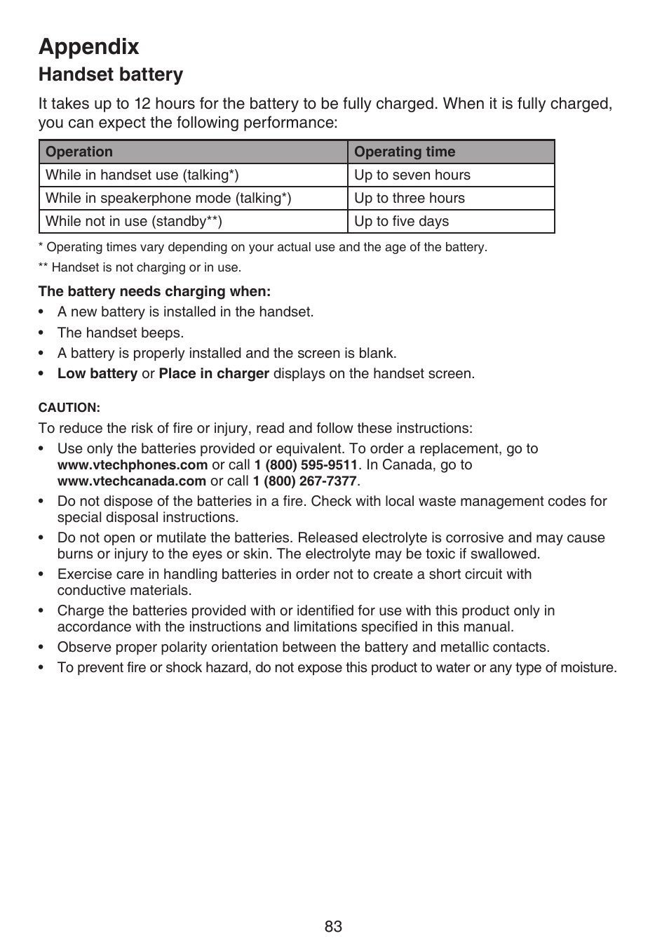 Handset battery, Appendix | VTech DS6672-4 Manual User Manual | Page 87 / 110