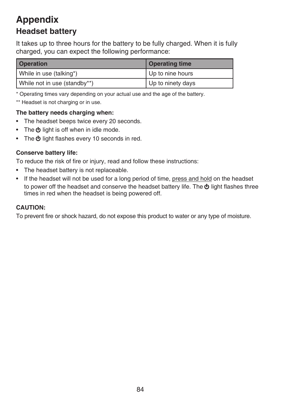 Headset battery, Appendix | VTech DS6672-4 Manual User Manual | Page 88 / 110