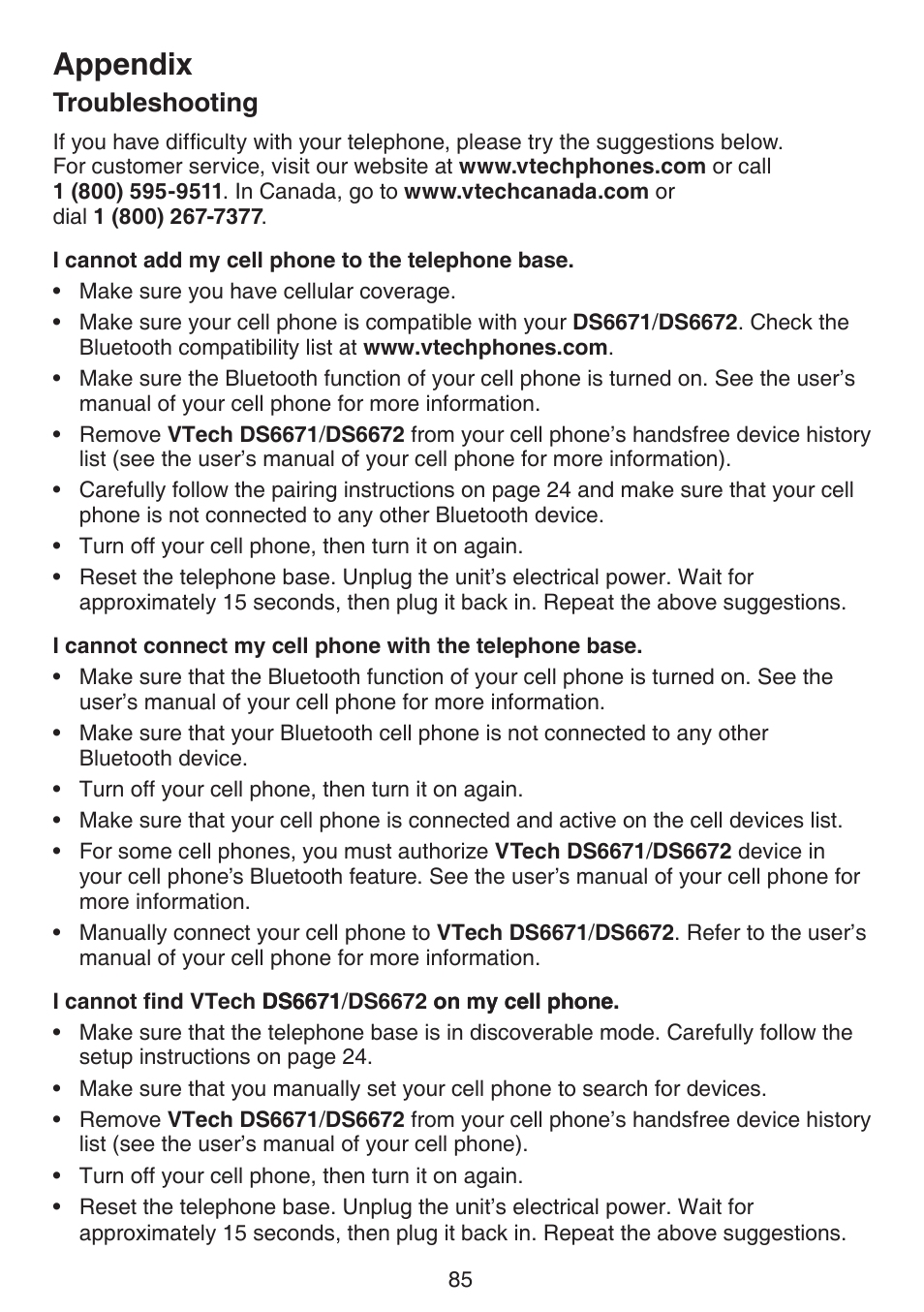 Troubleshooting, Appendix | VTech DS6672-4 Manual User Manual | Page 89 / 110