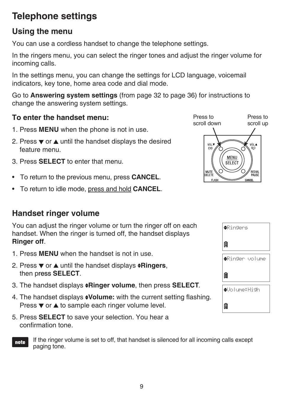 Handset ringer volume, Using the menu, Using the menu handset ringer volume | Telephone settings | VTech FS6224_-2-21-3 Manual User Manual | Page 13 / 70