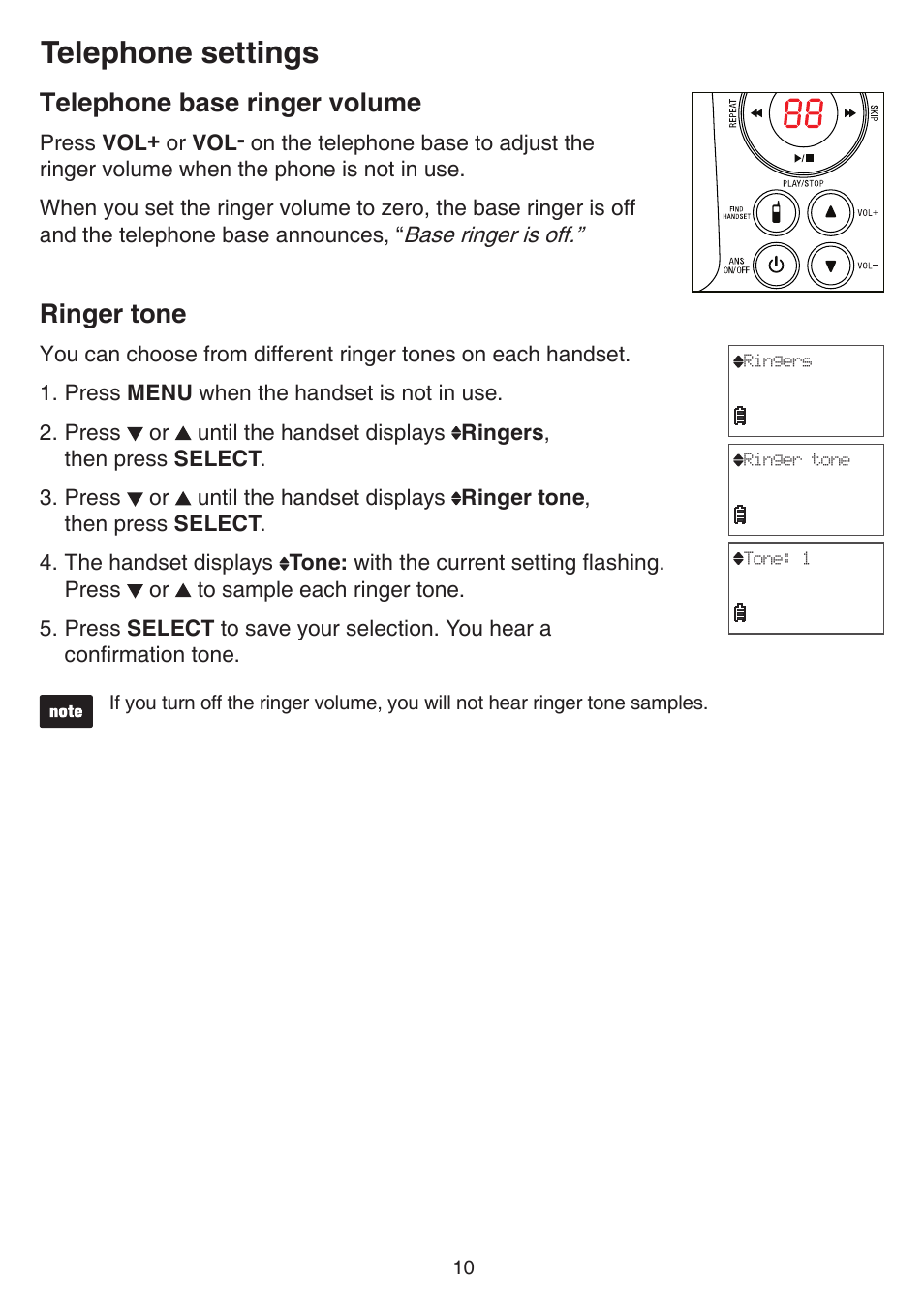 Ringer tone, Telephone base ringer volume, Telephone base ringer volume ringer tone | Telephone settings | VTech FS6224_-2-21-3 Manual User Manual | Page 14 / 70