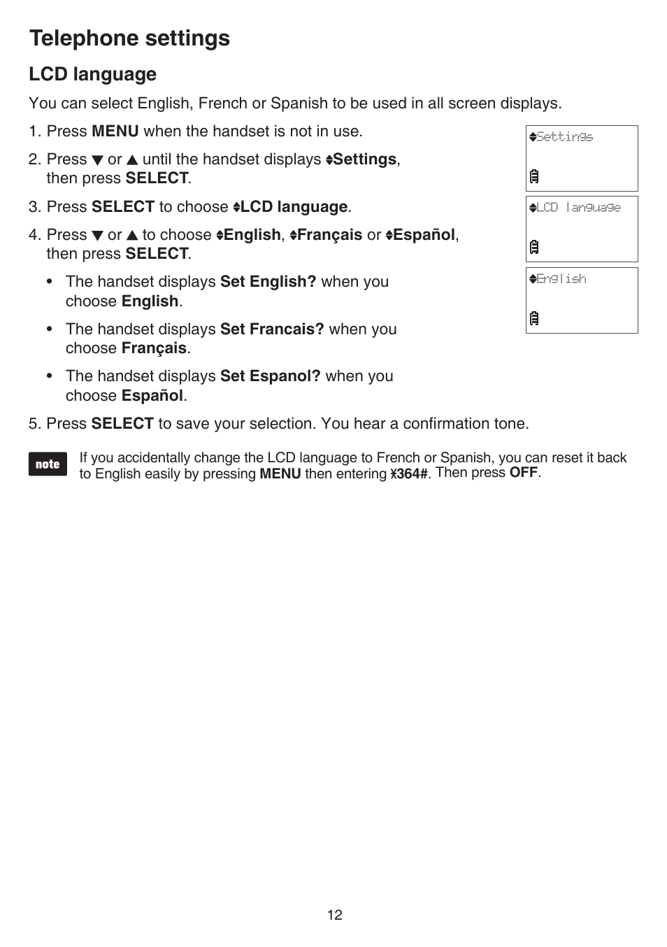 Lcd language, Telephone settings | VTech FS6224_-2-21-3 Manual User Manual | Page 16 / 70